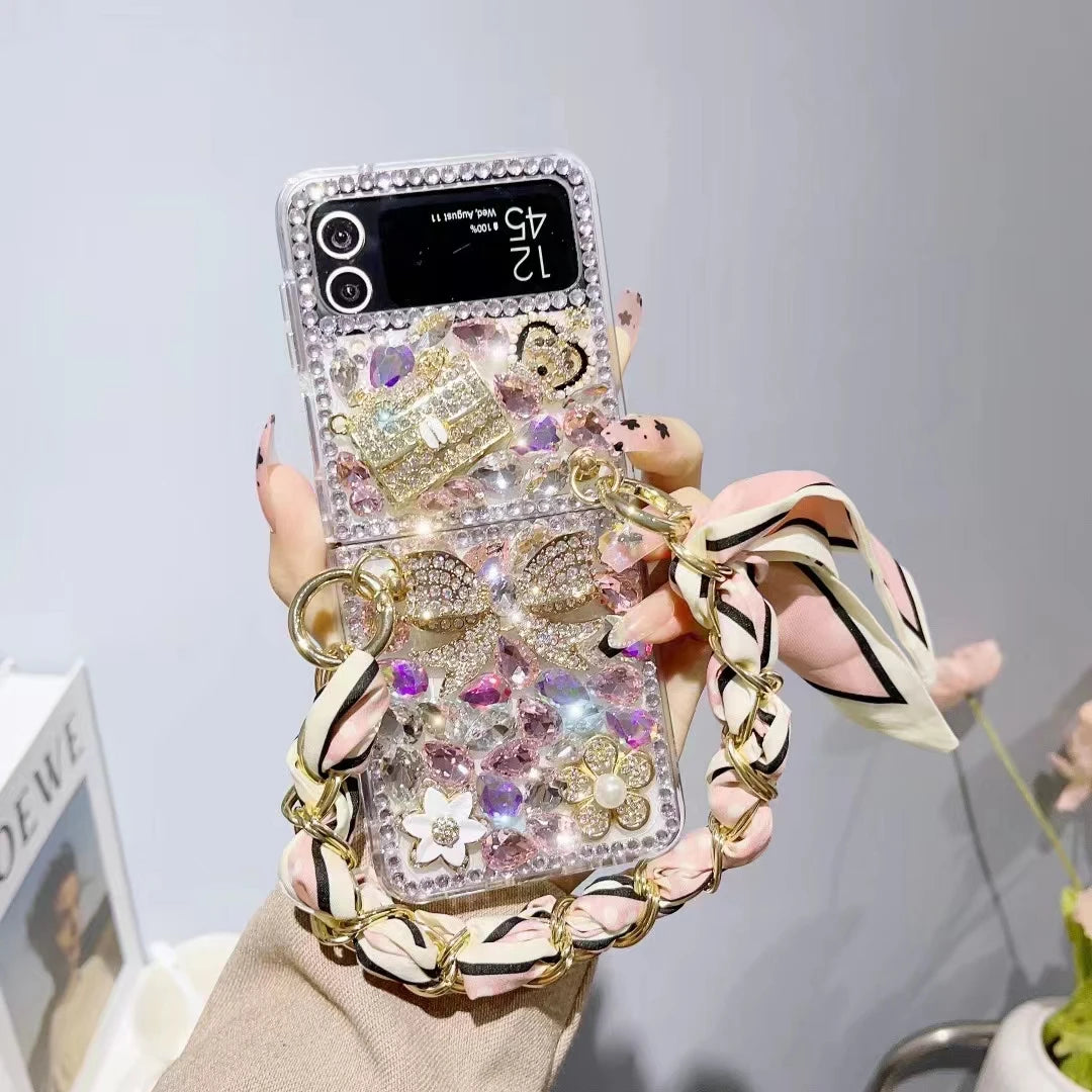 Rhinestone Diamond Stone Silk Wrist Phone Case For Samsung Galaxy Z Flip 6 5 3 4 5G