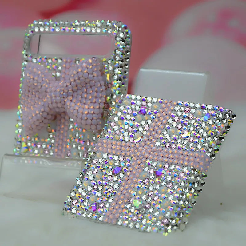 For Samsung Galaxy Z Flip 6 5 4 3 2 5G F7110 F7070 Luxury Rhinestones Crystal Shinny Cute Pearl Bow Phone Case Cover