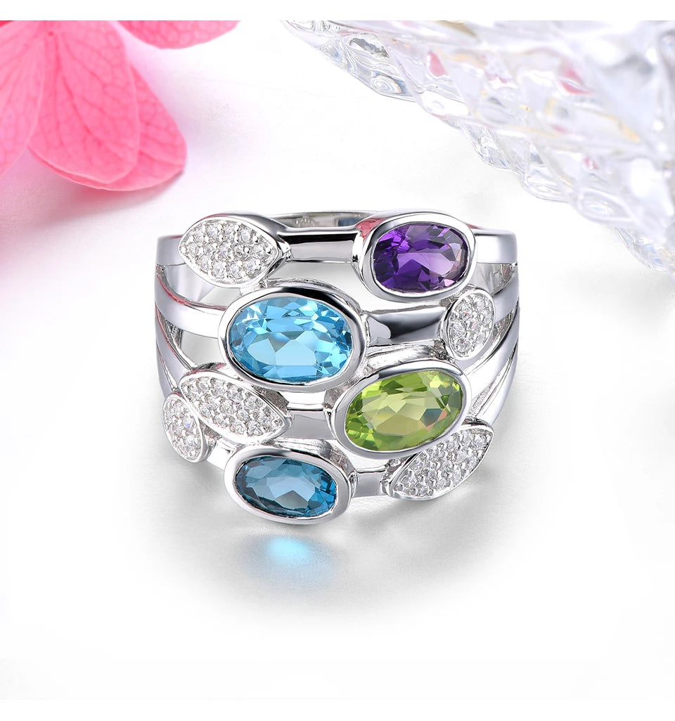 Natural Blue Topaz Peridot Amethyst Solid Silver Rings 4.2 Carats Genuine Multicolor Gemstone