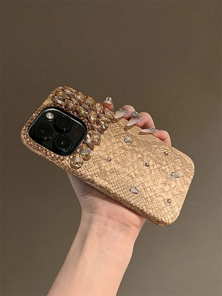 Luxurious High Quality Glitter Snakeskin Plating Diamond Phone Case For iPhone 15 14 13 12 16ProMax Bling Rhinestones Back Cover