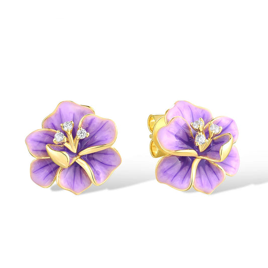 Pure 925 Sterling Silver  Purple Enamel Glamorous Flower Jewelry