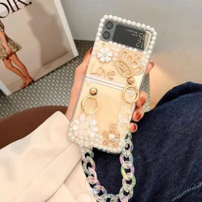 For Samsung Galaxy Z Flip 6 5 4 3 5G F7110 F7070 Rhinestones Crystal Pearl Gems Crown Flower Wrist Luxury Phone Case Cover