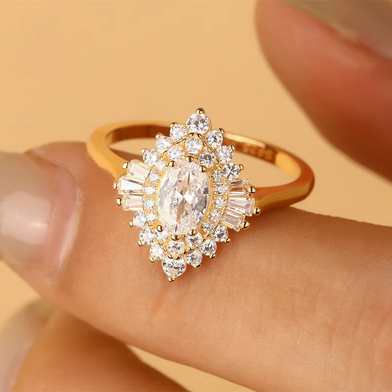 Classic Fashion Authentic S925 Silver 14K Gold Zircon Marquise Women's Light Luxurious Temperament Versatile Women's Ring