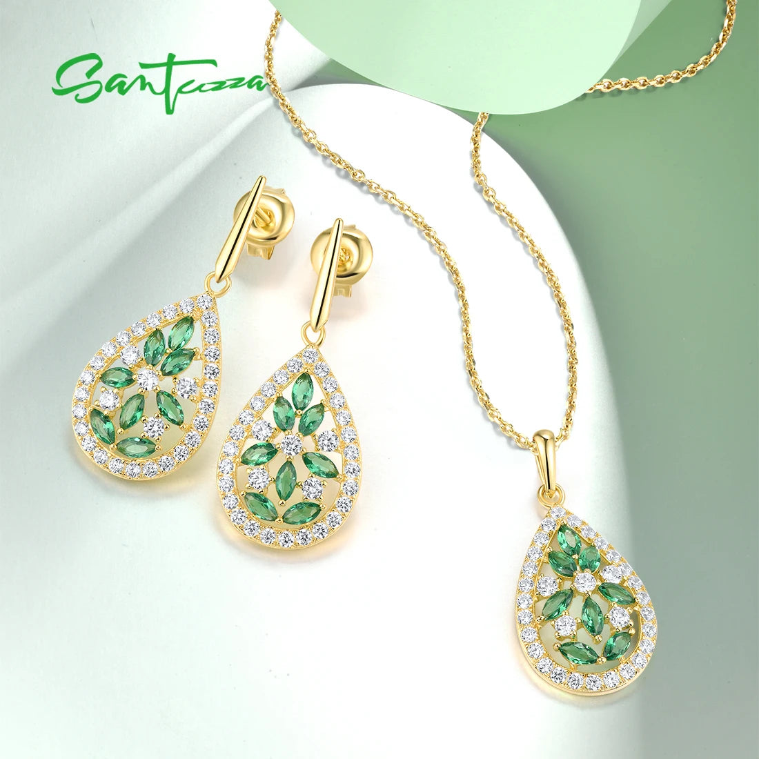 SANTUZZA Real 925 Sterling Silver Jewelry Set For Women Green Spinel White CZ Exquisite Earrings Pendant Delicate Fine Jewelry