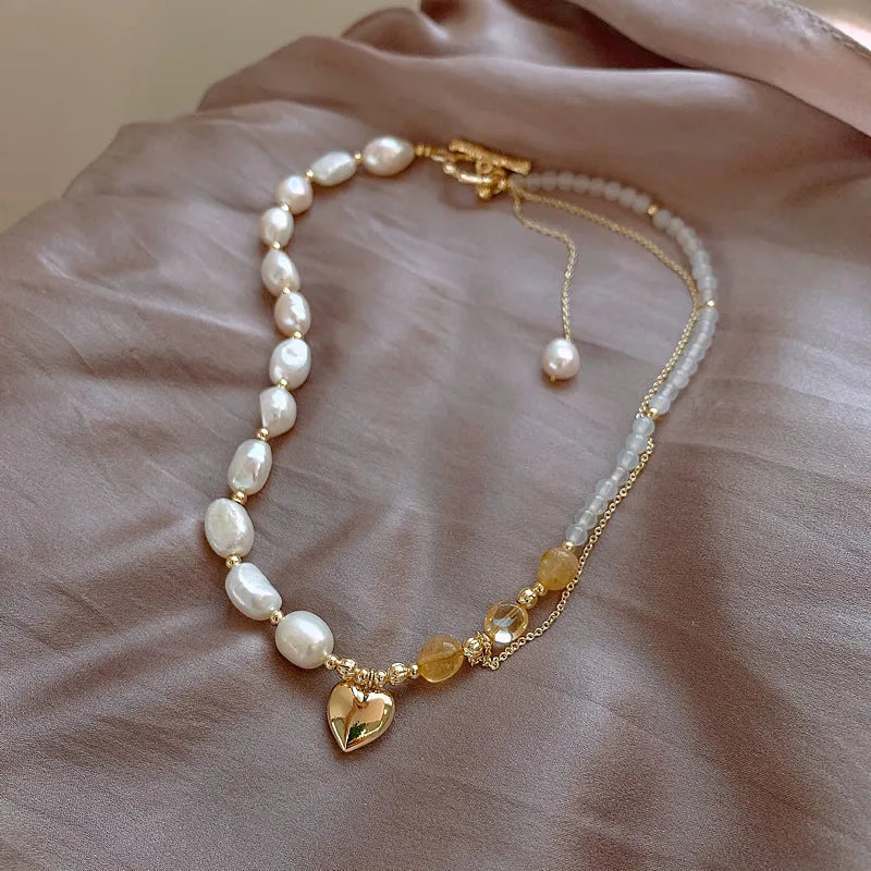 Romantic Love Heart Natural Baroque Freshwater Pearl & Yellow Crystal 14K Gold Filled  Jewelry Sets