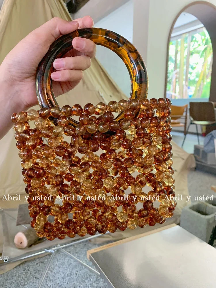 Women's Fashion High Grade Ins Handbag Retro Amber Crystal Bag Sac A Main Handwoven Custom Beaded Bags 2024 New сумка из бусин