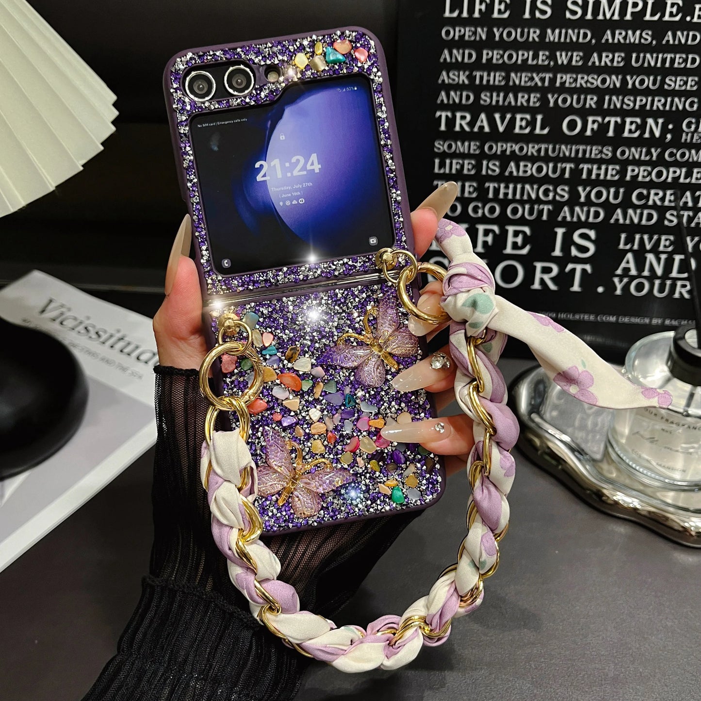 For Samsung Galaxy Z Flip 6 5 4 3 5G F7110 Unique Cute Diamond Elegant Bling Crystal Butterfly Silk Stone Wrist Phone Case Cover