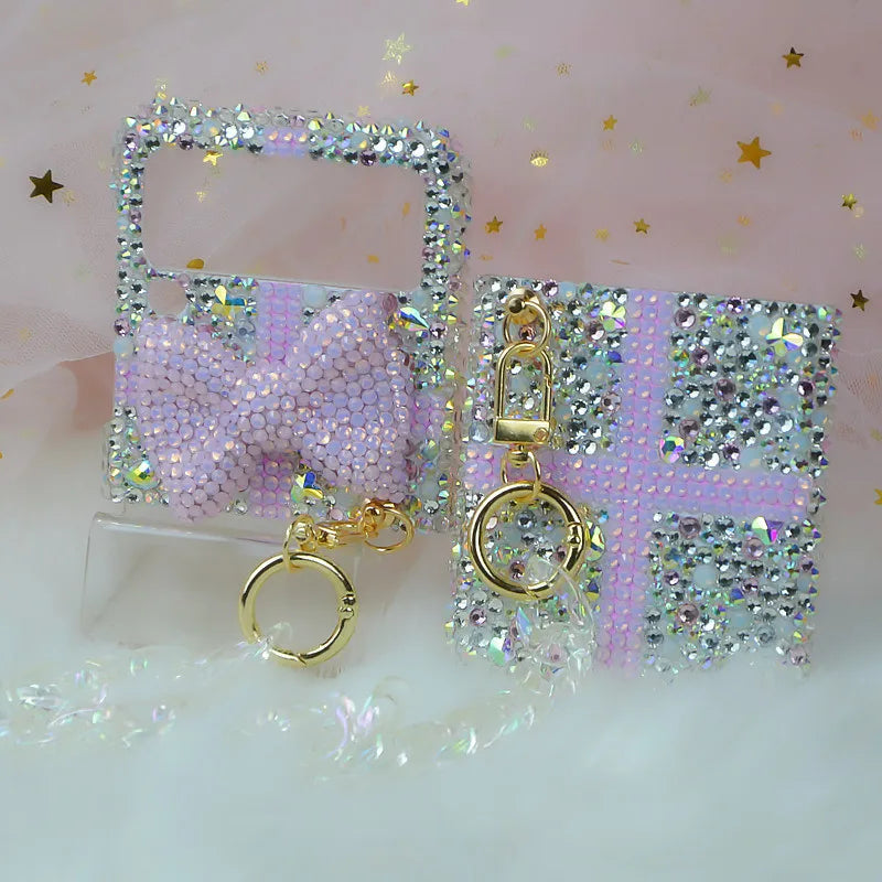 For Samsung Galaxy Z Flip 6 5 4 3 2 5G F7110 F7070 Luxury Rhinestones Crystal Shinny Cute Pearl Bow Phone Case Cover