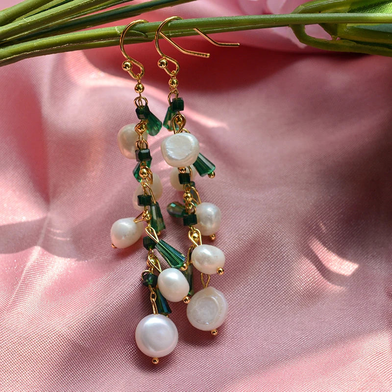 Trendy Green Crystal & Natural Freshwater Pearl 14K Gold Jewelry