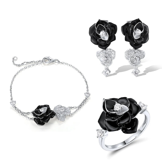 925 Sterling Silver Jewelry Set  Black White Flowers