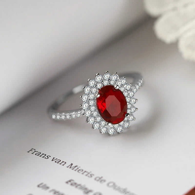 Exquisite Genuine S925 Silver Four-claw Oval Ruby Flower Full of Diamond Ring Women's Valentine's Day Gift Jewelry