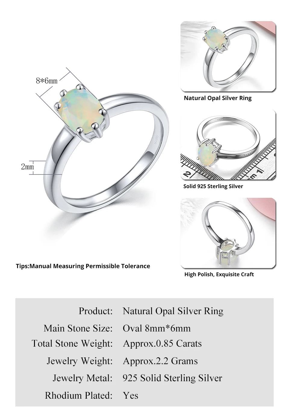 Natural Opal Sterling Silver Rings 0.85 Carats Genuine Gemstone Classic Simple Design Fine Jewelry Daily Decorations Women Gifts