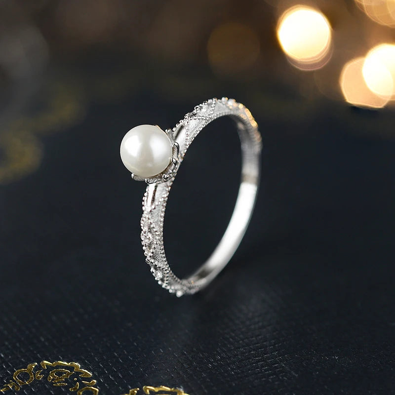 Retro Palace Style Small Pearl Ring Genuine S925 Silver Light Luxury Luxury Ring