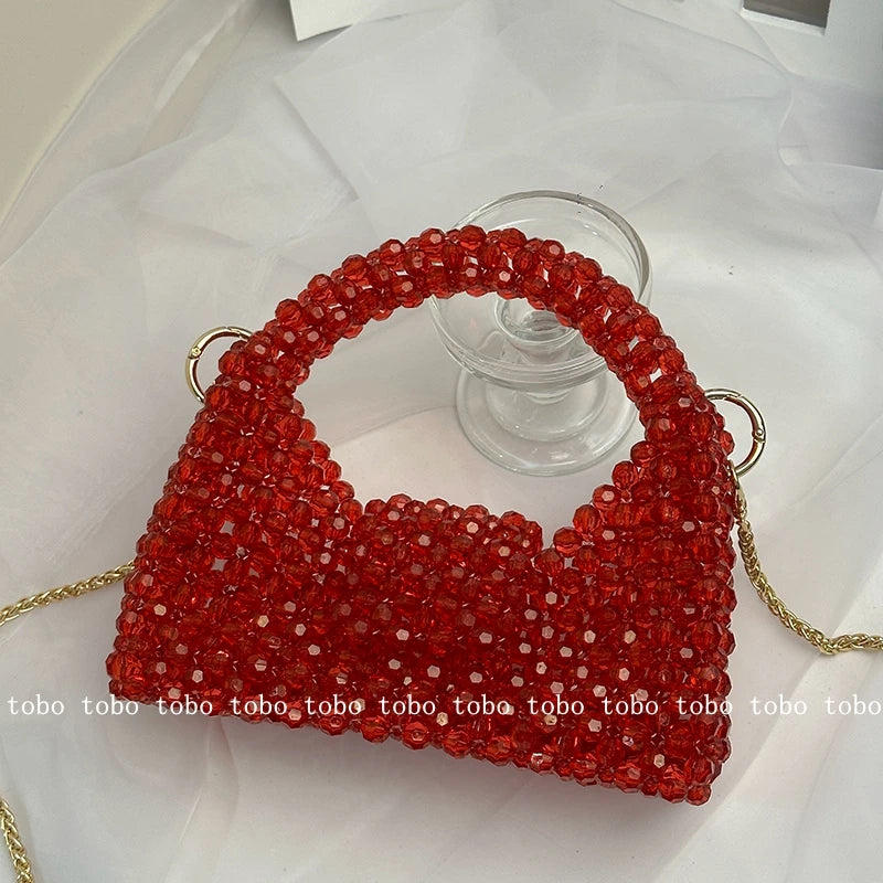 Original Red Half Moon Handbags Homemade Beade Woven Ladies Long Chain Bags Versatile Casual Retro Designer Party Bag