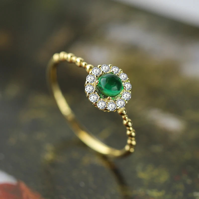 Retro Luxury Authentic S925 Silver 14K Gold Emerald Small Gold Bead Edge Ring Fashionable and Versatile