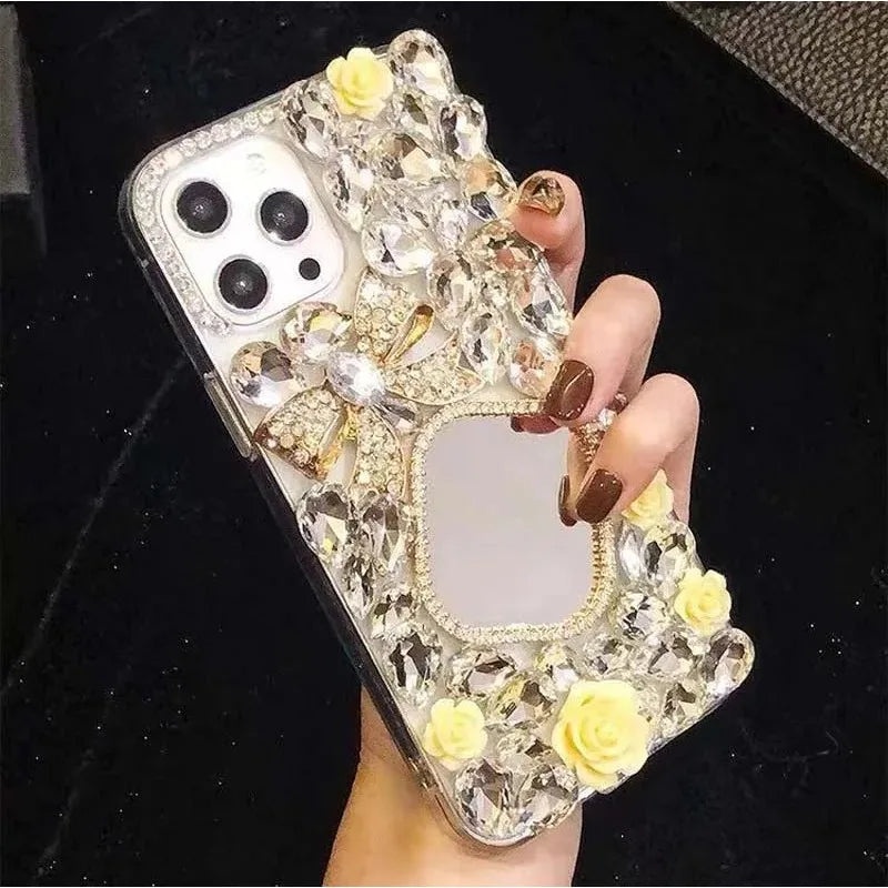 Hard TPU Back Cover Case for Huawei P50Pro, P40, Honor 50, 60Pro, Roses Decorate Diamonds, Mirror