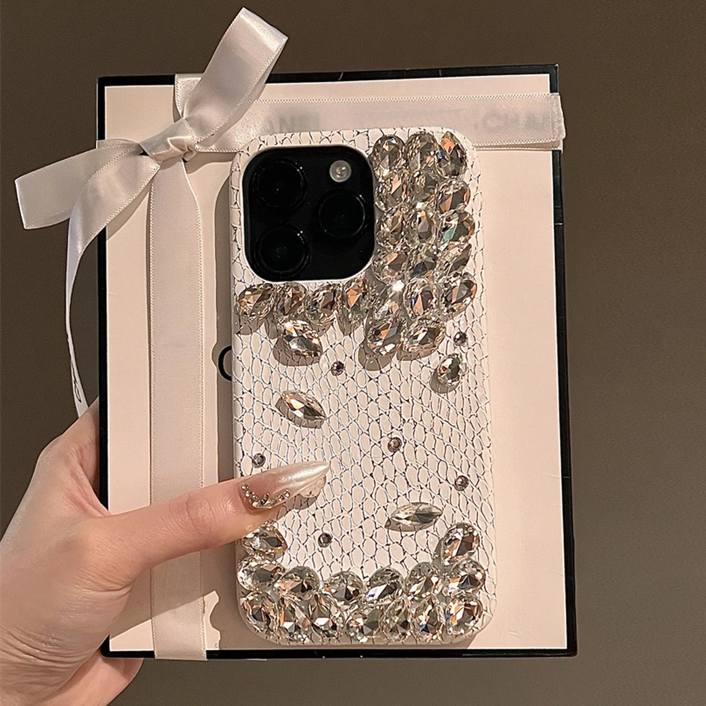 Snake-Print Skin Rhinestone Phone Case For iPhone 16 15 14 13 12 11 Pro Max Fall-Proof Luxury Girl Phone Case