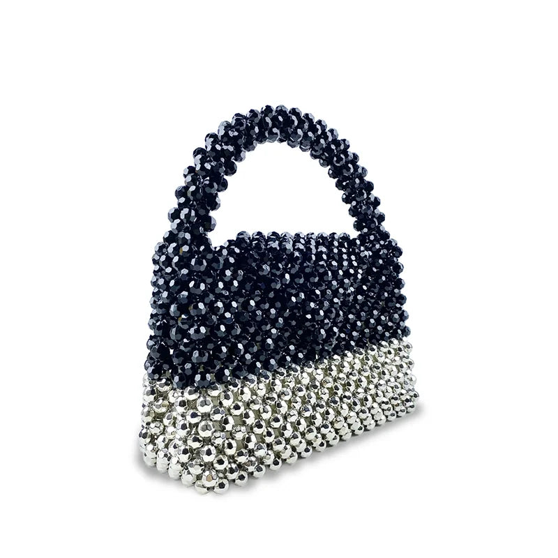 New Casual Style Versatile Black Silver Block Color Handmade Beaded Bag