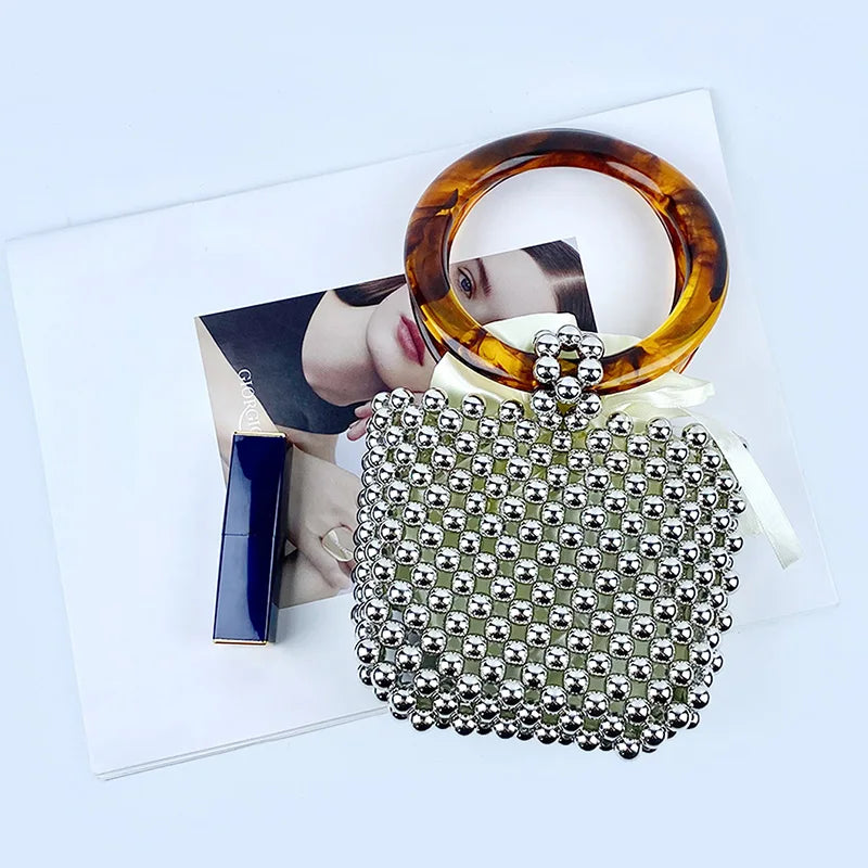 new niche designs, high-end textured beaded woven bead bag, circular ring portable bucket bag