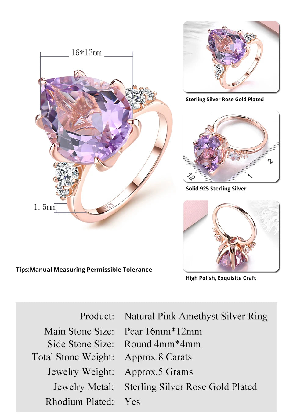 Natural Pink Amethyst Silver Rose Gold Plated 8 Carats Genuine Gemstone Women's Romantic Fine Jewelrys Christmas New Year Gifts