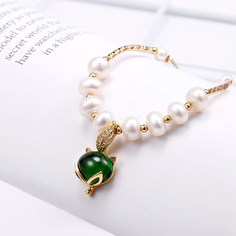 Sweet Little Fox Animal Green Crystal 14K Gold Filled Natural Freshwater Pearl Ladies Charm Bracelets Jewelry