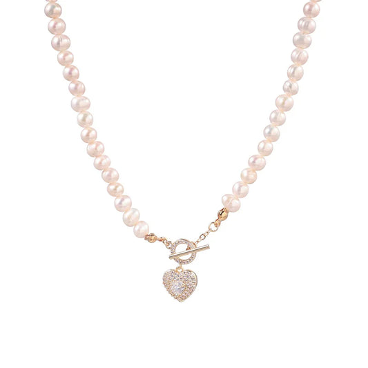 Romantic Love Heart Shiny Crystal Natural Freshwater Pearl 14K Gold Filled Female Pendant Necklace Jewelry