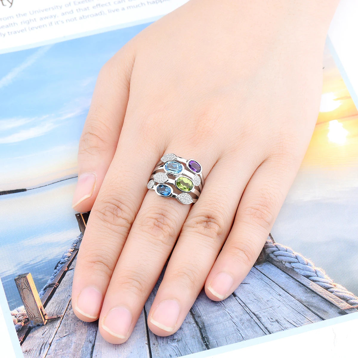 Natural Blue Topaz Peridot Amethyst Solid Silver Rings 4.2 Carats Genuine Multicolor Gemstone