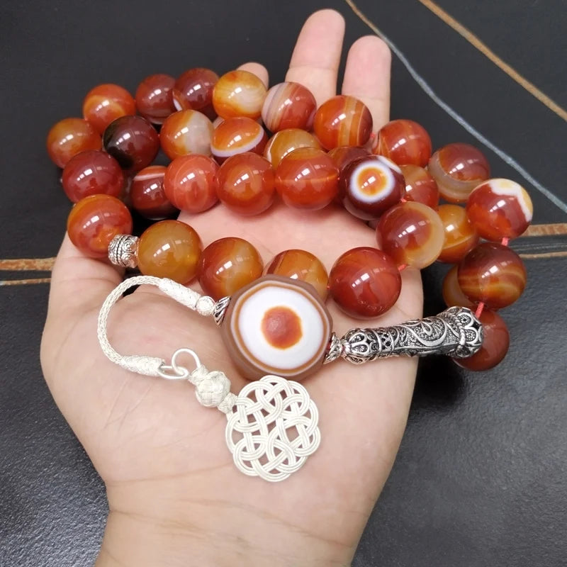 Tasbih Big size natural agate stone Collect art Tibetan eye agate turkish pure silver tassel misbaha High-quality arabic rosary