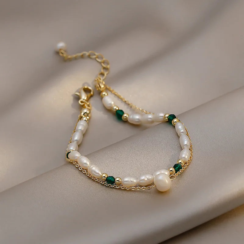 New Arrival Trendy Contrast Stitched Double-layer Bracelet Natural Freshwater Pearl 14K Gold Filled