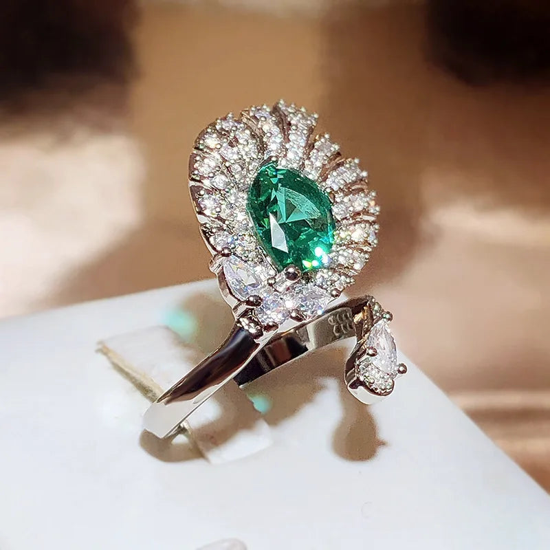 Unique Irregular Peacock Tail Oval Emerald Full Diamond Zirconia  Jewelry