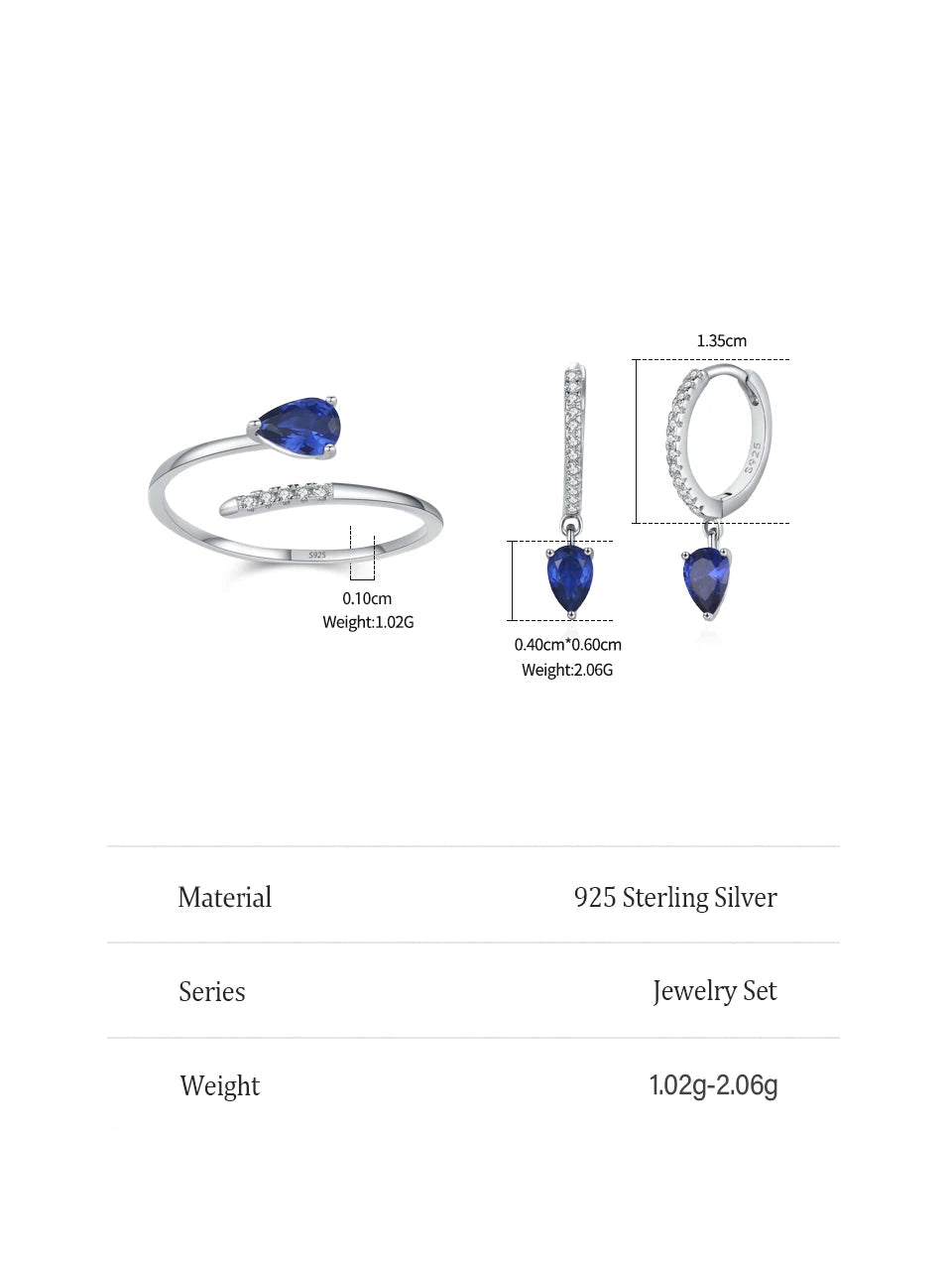 925 Sterling Silver Elegant Blue Pear shaped Earring Ring Set Zirconia  Jewelry