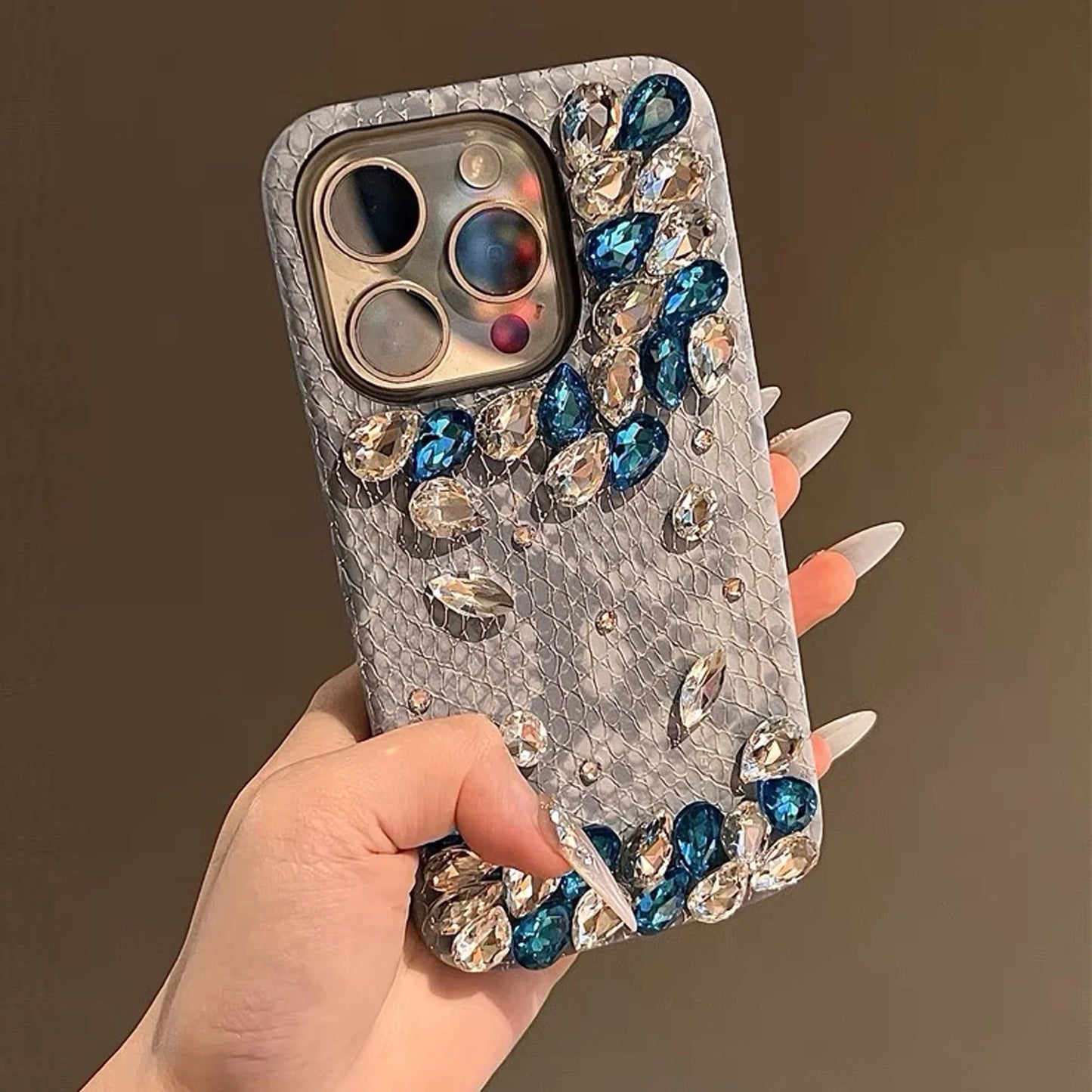 Snake-Print Skin Rhinestone Phone Case For iPhone 16 15 14 13 12 11 Pro Max Fall-Proof Luxury Girl Phone Case