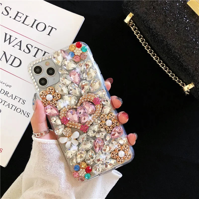 Luxury Handmade Rhinestone Phone Case with Cute Love Heart Design for Huawei P50 P60 Pro Mate 50 60 Honors 80 90 100 Pro