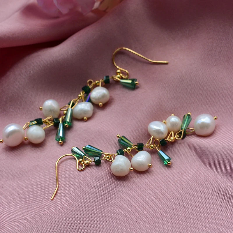 Trendy Green Crystal & Natural Freshwater Pearl 14K Gold Jewelry