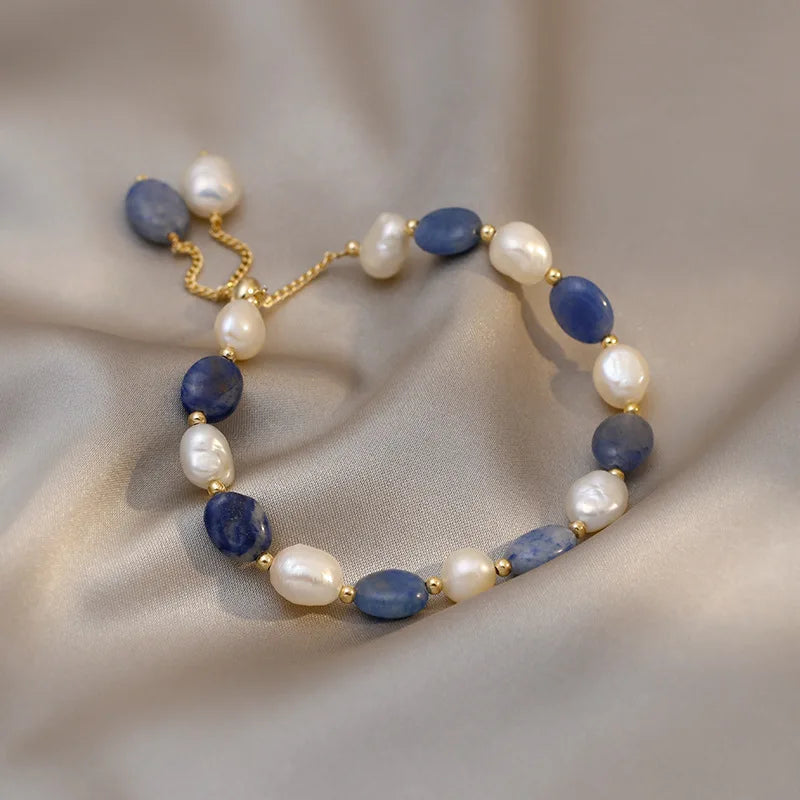 Blue Jade Stone & Baroque Freshwater Pearl 14K Gold Filled Female Charm Bracelet Jewelry