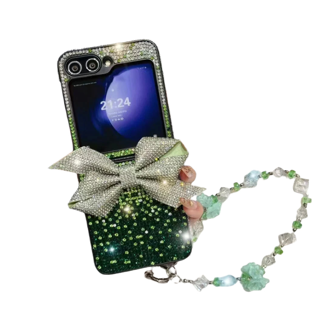 Luxury Change Color Diamond Bling Phone Case With Bow Flower Pearl Strap For Samsung Galaxy Z Flip 3 4 5 6 F7220 Creative Wrist