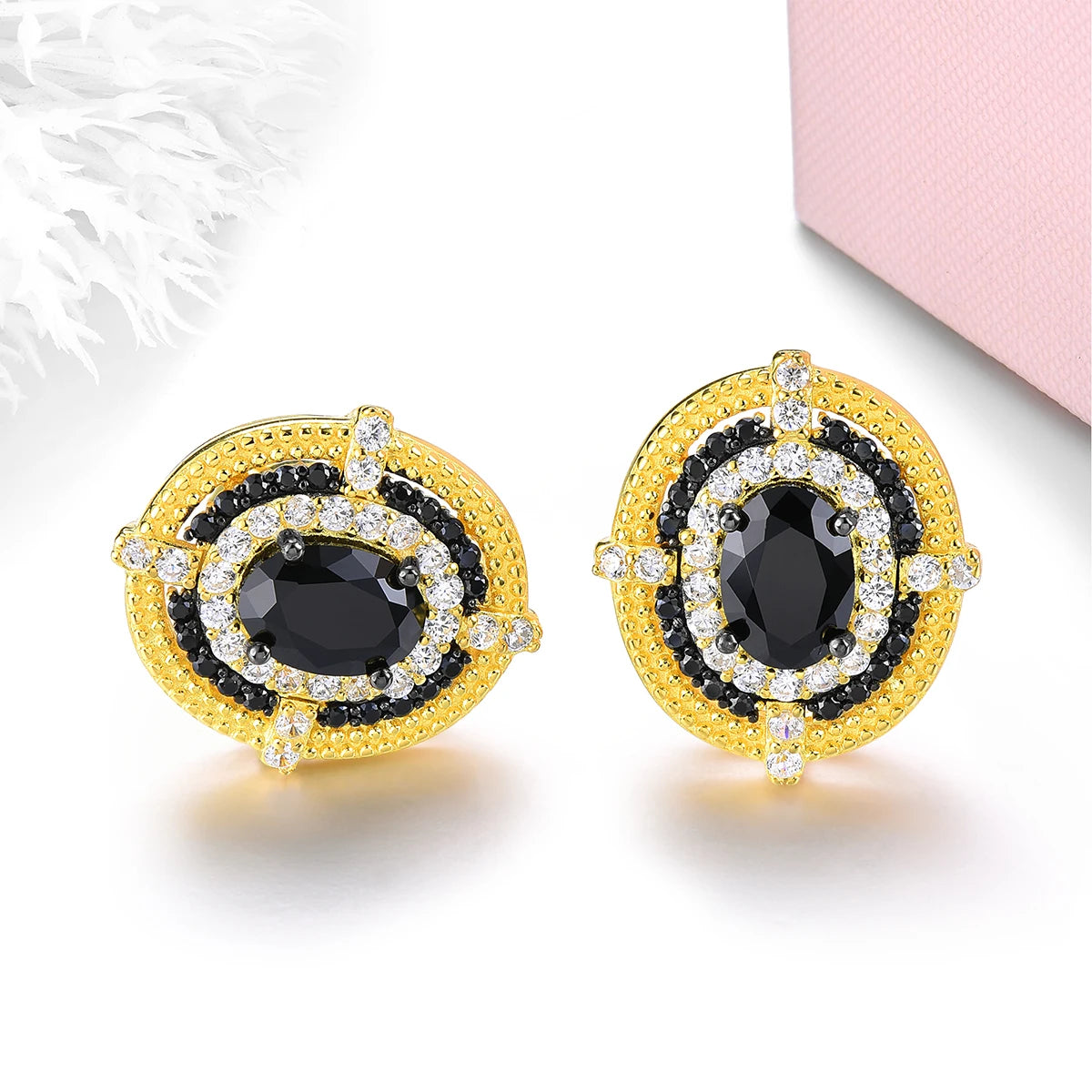 Natural Genuine Black Spinel Yellow Gold Classic Fine Jewelry S925