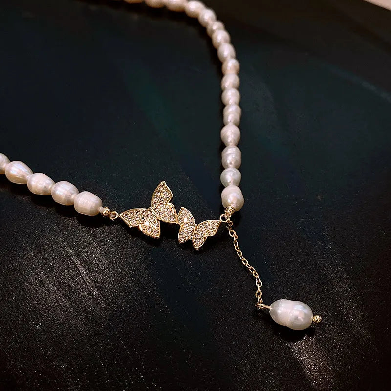 100% Natural Freshwater Pearl Sweet Butterfly Zircon 14K Gold