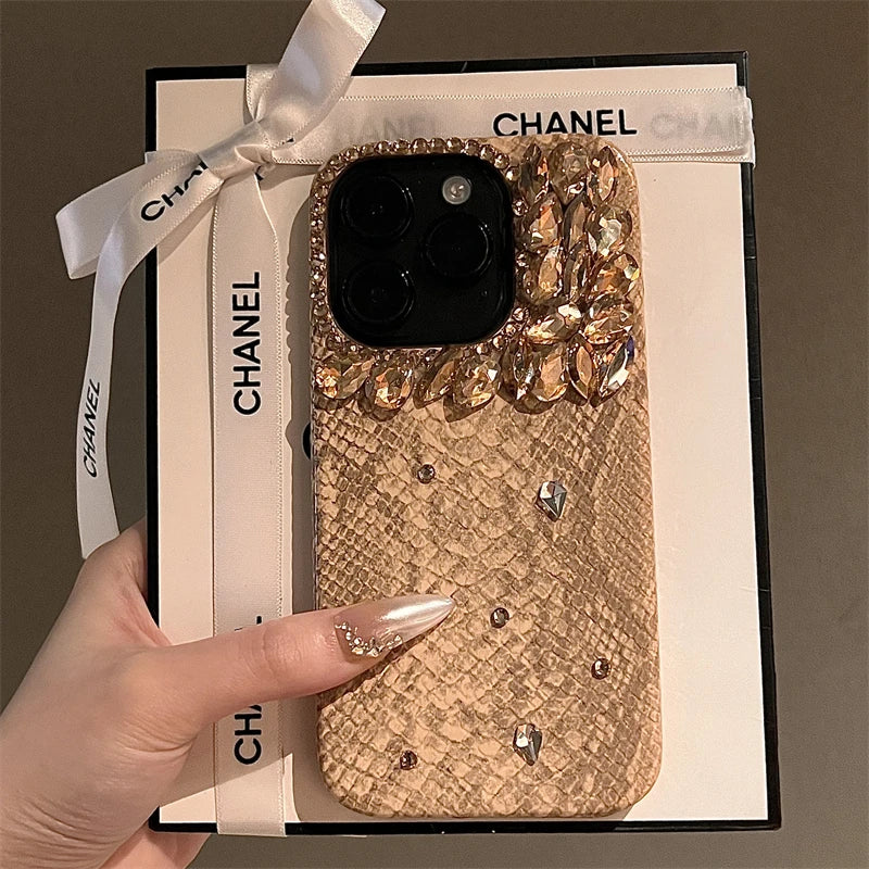 Luxurious High Quality Glitter Snakeskin Plating Diamond Phone Case For iPhone 15 14 13 12 16ProMax Bling Rhinestones Back Cover