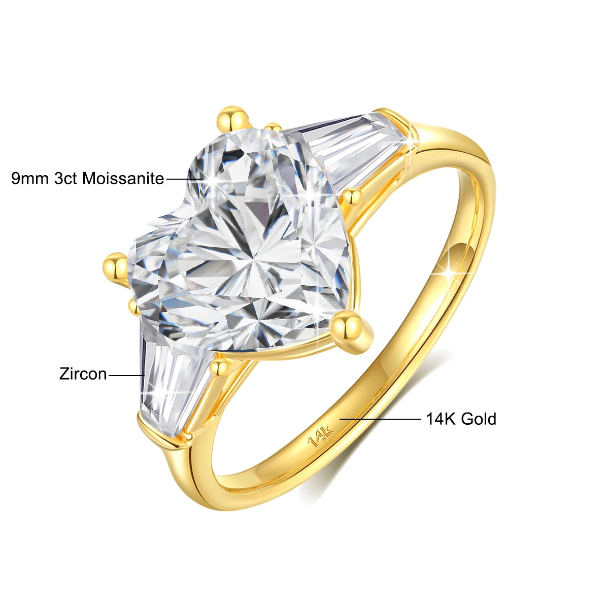 100% Real 14K Gold Heart  Ring  Diamond Engagement Jewelry  Trend