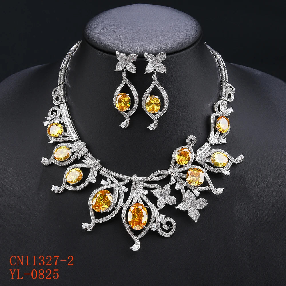 Luxury Cubic Zirconia Bridal Wedding Jewelry Set Ladies Party Leaves Necklace Earrings Set  CN11327