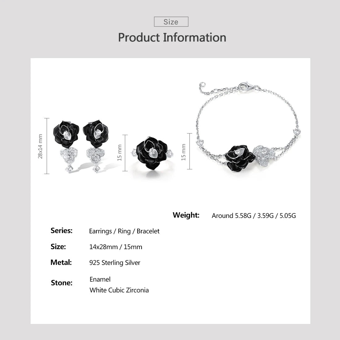 925 Sterling Silver Jewelry Set  Black White Flowers