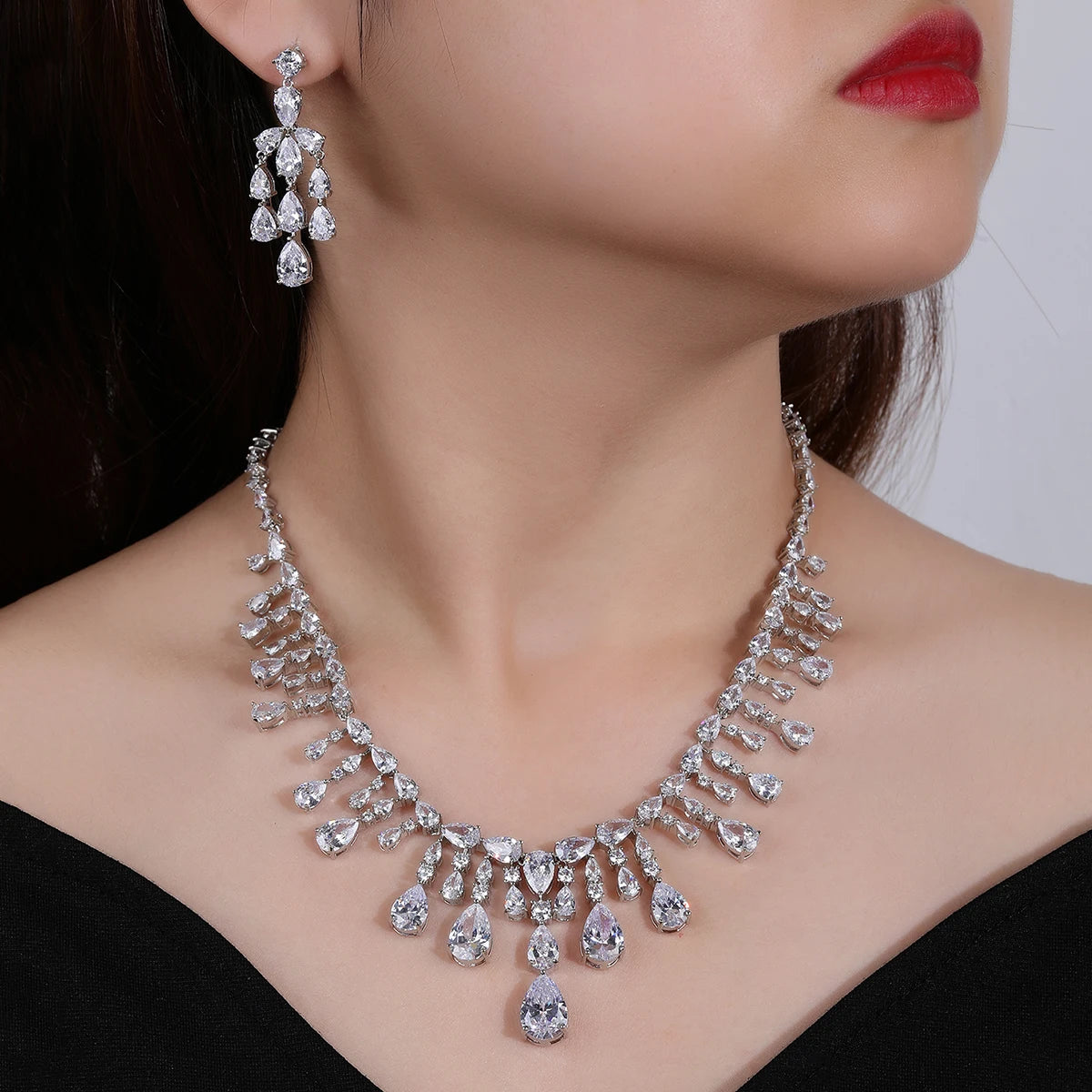 Silver Color Cubic Zirconia Bridal Party Wedding Necklace Earrings Jewelry Set For Women Bridesmaid Accessories Gift CN10679