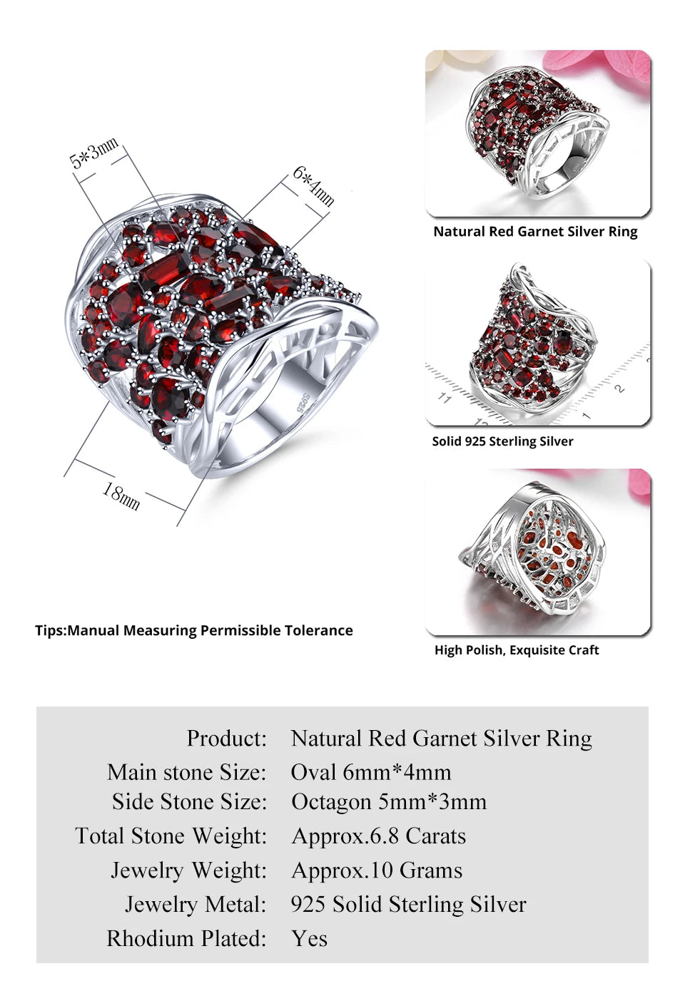 Natural Red Garnet Solid Silver Rings 6.8 Carats Genuine Gemstone Gorgerous Luxury Unique Original Design S925 Unisex Style