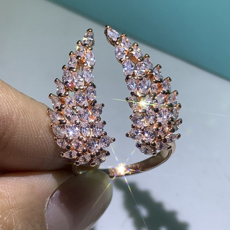 Luxury  S925 Silver Marquise Cut White Transparent Cubic Zirconia Eternal Wing Feather Jewelry