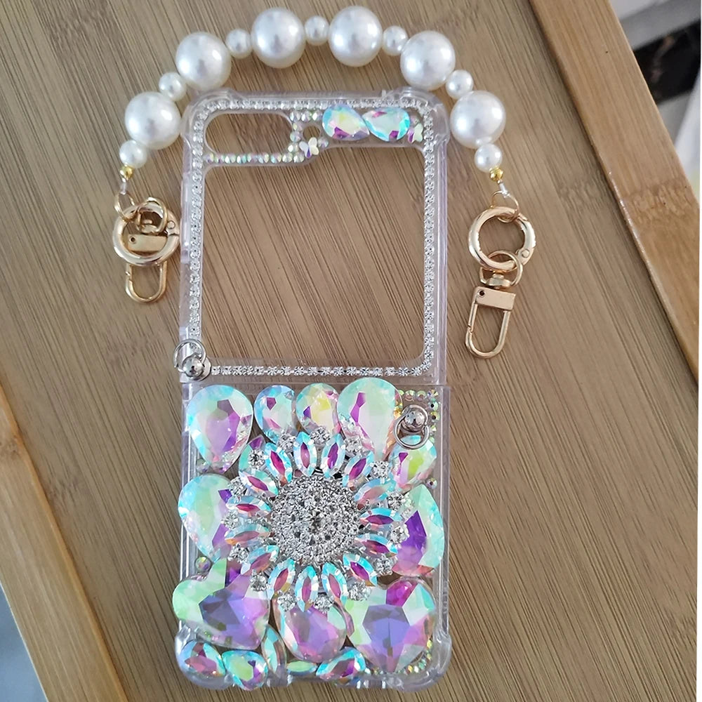 For Samsung Galaxy Z Flip 5 4 3 5G F7110 F7070 Luxury Crystal Stand Diamond Pearl Wrist Phone Case Cover