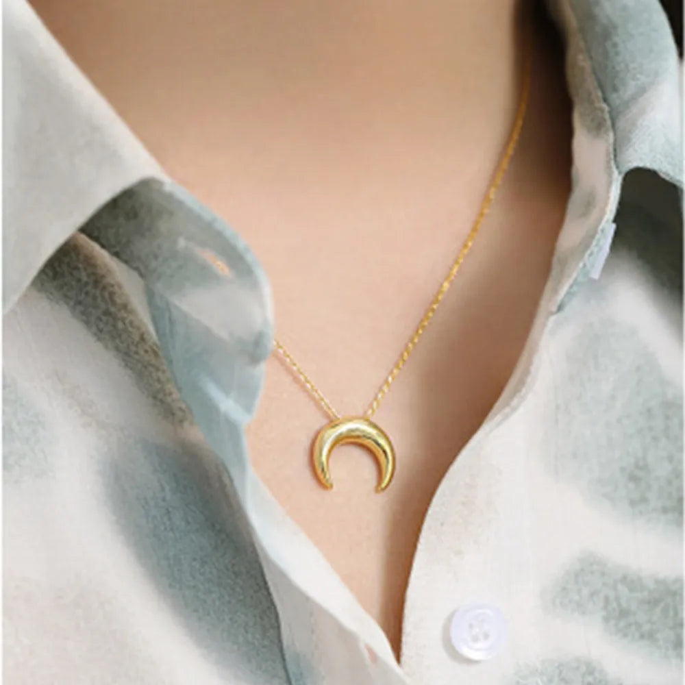 925 Sterling Silver Gold Plain Moon Charm Necklace  Simple Slim Dangle Jewelry