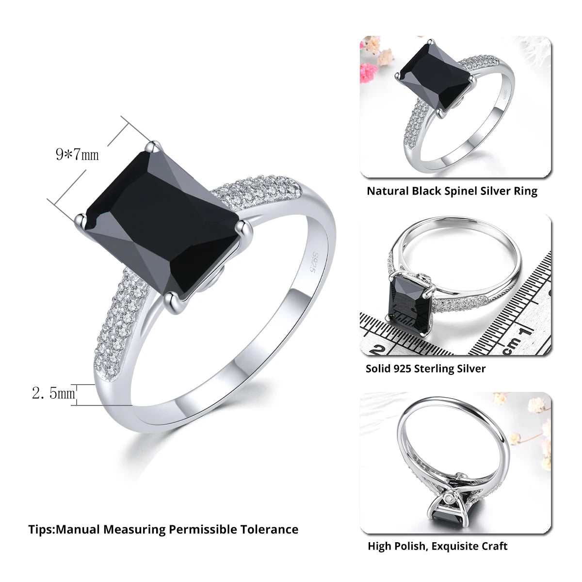 Natural Black Spinel Solid Sterling Silver Rings 2.7 Carats Gemstone Classic Fine Jewelry Design Unisex Style Lover's  Gifts