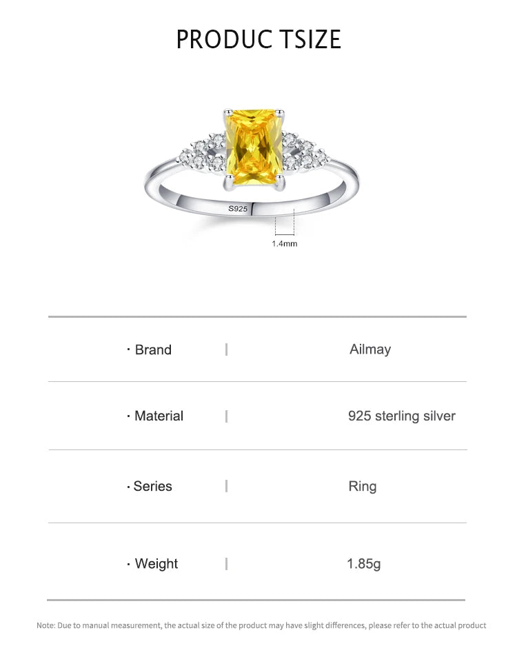 Ailmay 925 Sterling Silver Luxury Sparkling Yellow Zirconia Finger Ring For Women Fashion Wedding Engagement Fine Jewelry Gift