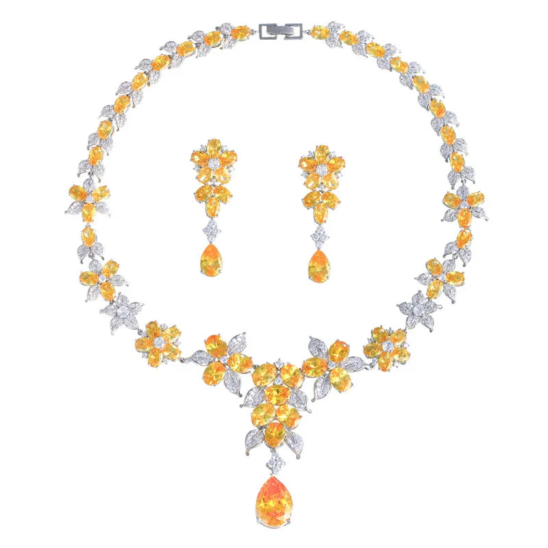 Yellow Luxury Cubic Zircon Flower Necklace Earrings Two Piece Set Dress Wedding Bride Dress Jewelry Set LYT0315